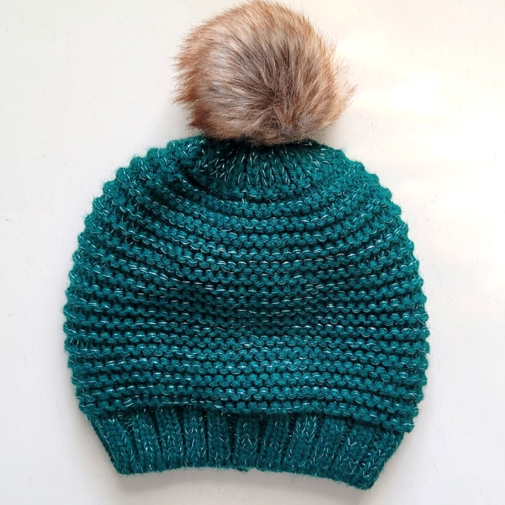 Old Navy Toddler Girl's Size S Green & Silver Sparkle Knit Hat Faux Fur Pom Pom